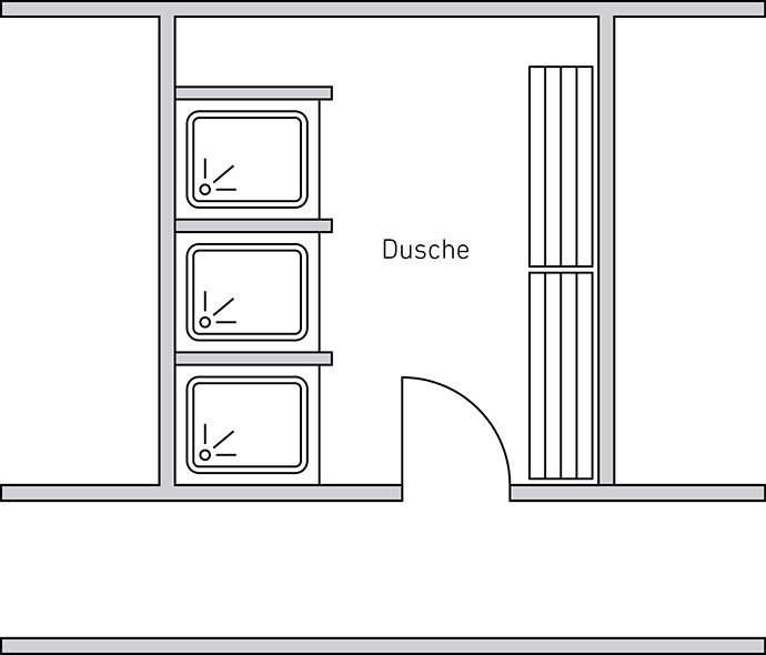 Beispiel 1:  Eine Tür führt vom Flur in einen Duschraum. In diesem Fall wird der Einsatz einer Nassraumtür empfohlen. Hier ist mit einer sehr hihen Luftfeuchtigkeit und ständigem Spritzwasser zu rechnen.